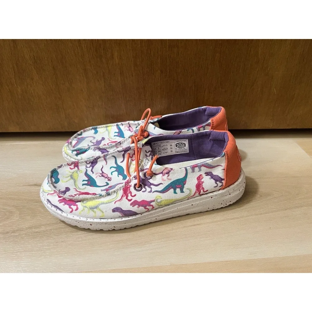Hey Dude Wendy Youth White‎ Dino Print Slip On Shoe US 2
